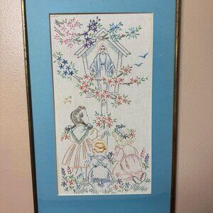 Embroidered religious scene Framed